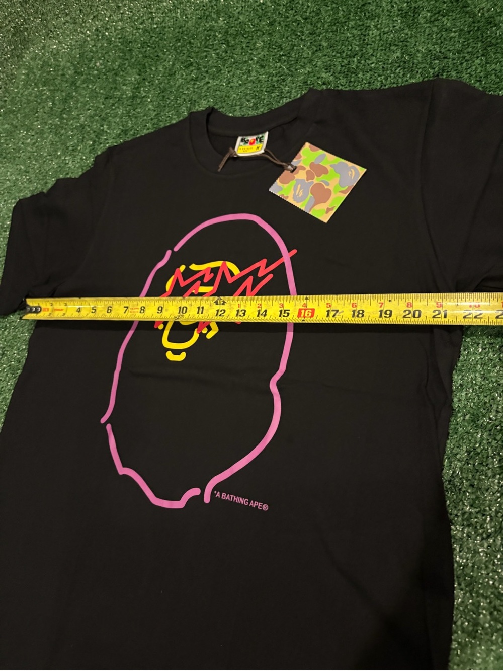 A Bathing Ape Black Short Sleeve Graphic Tee - Pink & Yellow Logo - Picture 6 of 6